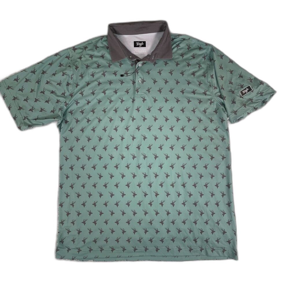 NWOT Waggle Golf Polo Men's 2XL Green Deer All Over Print Performance Stretch - Picture 2 of 10